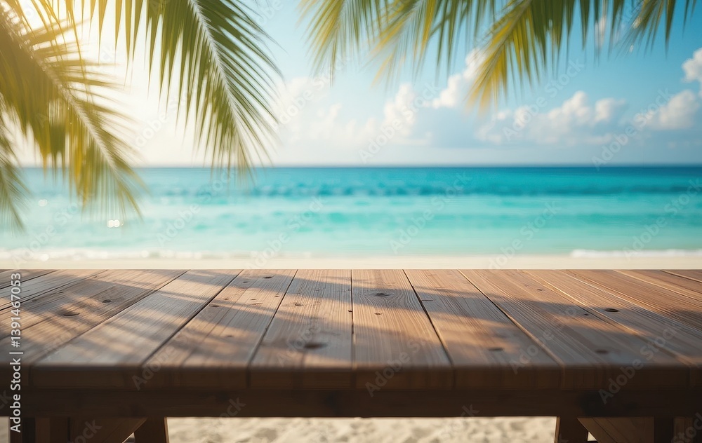 Fototapeta premium A rustic wooden table adorned with vibrant green palm leaves, creating a tropical ambiance. The natural grain of the wood contrasts beautifully with the lush foliage, inviting a serene atmosphere.