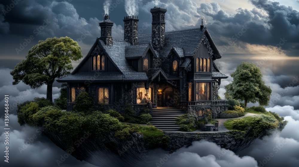 Fototapeta premium A storybook-inspired illustration of a family inside a magical floating house, drifting through the clouds