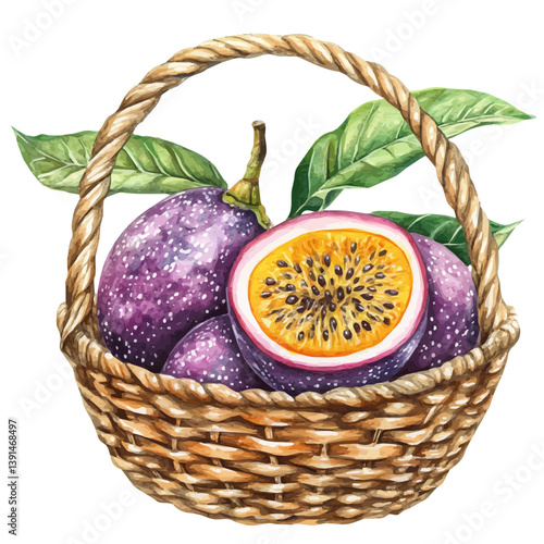 Passion Fruit basket, watercolor illustration, isolated on a white background.


