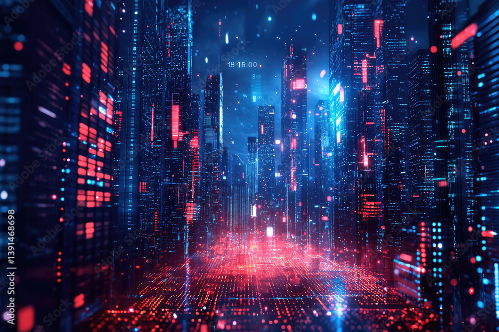 A futuristic cityscape rendered in vibrant red and blue hues, depicting a digital metropolis with glowing data streams. A futuristic cityscape rendered in vibrant red and blue hues, depicting a digital metropolis with glowing data streams.