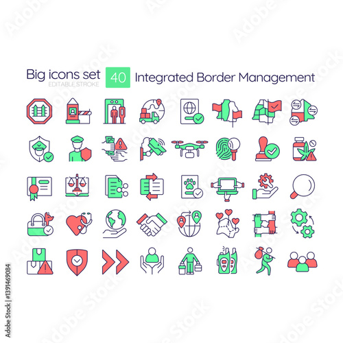 Integrated border management line color icons set. International security strategy. IBM service development. Vector illustrations. Simple flat colorful symbols collection. Editable stroke