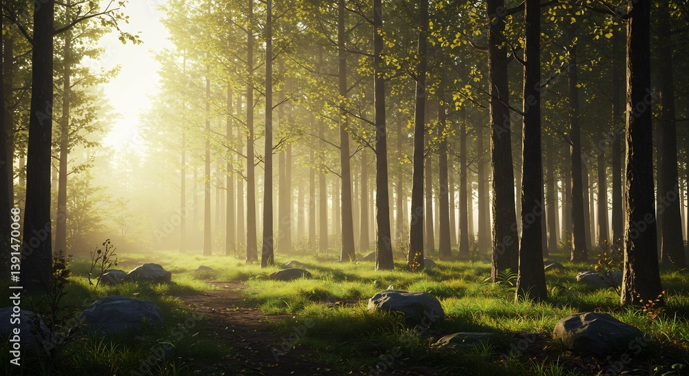 Obraz premium Golden sunlight streams through tranquil forest path. AI Generated