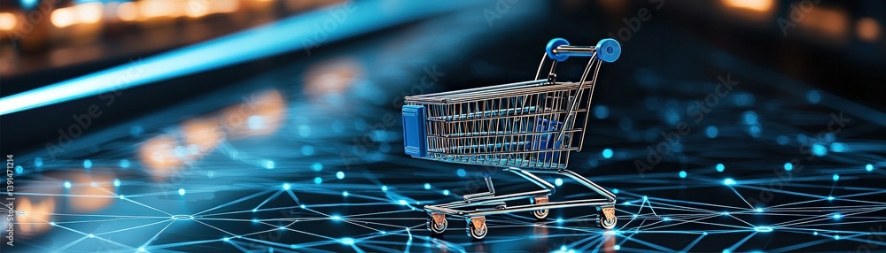 © AGI Studio - A shopping cart positioned on a digital, interconnected network background, symbolizing e-commerce and technology in retail.