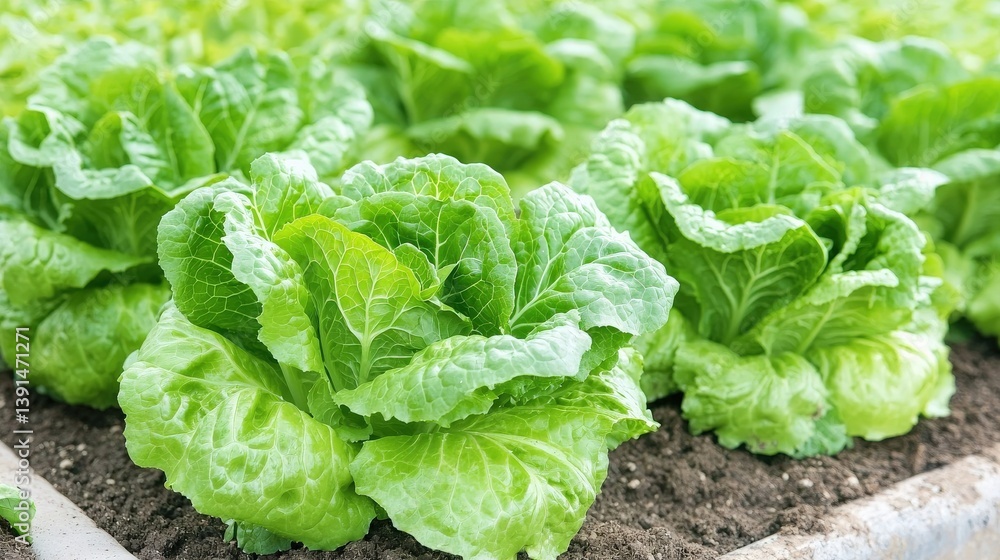Fresh green lettuce heads growing in neat rows in a garden bed, showcasing vibrant leaves and healthy soil. Fresh green lettuce heads growing in neat rows in a garden bed, showcasing vibrant leaves and healthy soil.
