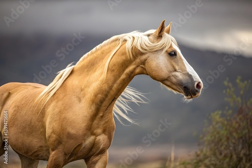 A majestic palomino horse, its golden coat shimmering in the soft evening light, stands proudly against a blurred mountain backdrop, a breathtaking portrait of equine grace.