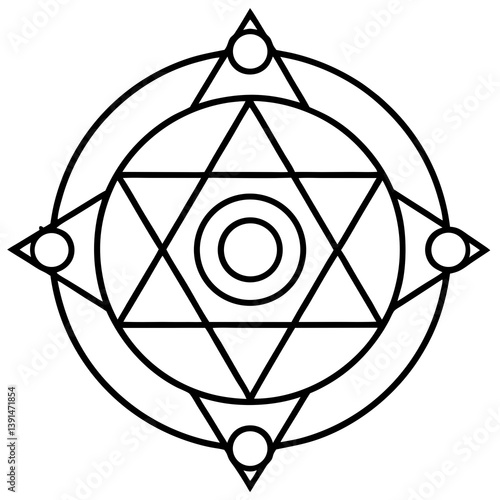 Alchemy symbols and transformation mandala line art vector illustration 