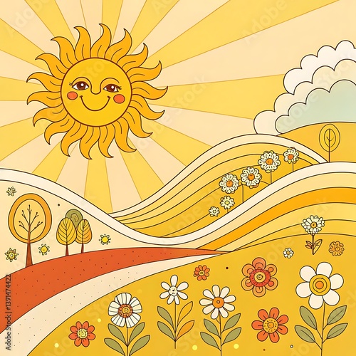 Groovy retro abstract sun backgrounds. Organic doodle shapes in trendy naive hippie 60s 70s style