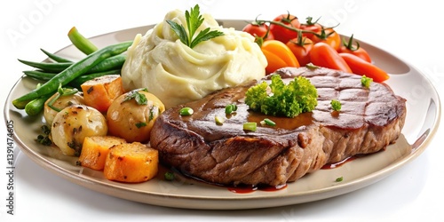 Panoramic Gourmet Steak Dinner: Sizzling Steak, Garlic Mashed Potatoes, Sauteed Vegetables