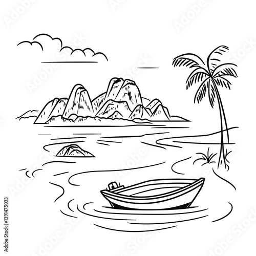 Minimalist line drawing of a boat near tropical islands  