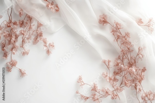 Sheer white fabric with blush dried floral accents on a white background. Use as a soft, neutral design element for feminine projects.