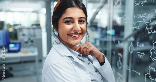 Bilde på lerret Happy woman, portrait and scientist with glass board for problem solving or compound structure at lab