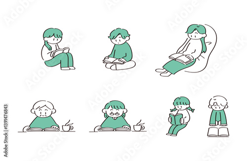 読書をする人たちのイラストセット