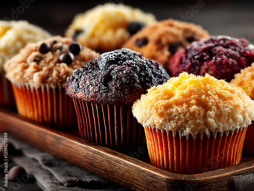  assorted muffins on wooden tray,