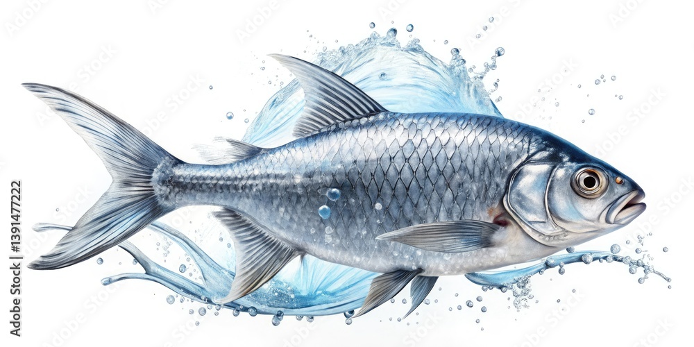 Fototapeta premium Underwater Silver Fish Portrait, Graceful Aquatic Animal, Blue Water Splashes, Isolated White Background