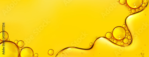 Oil texture forms bubble shapes, glistening yellow background with smooth wavy surface, floating circular golden elements. shiny fluid glossy pattern in bright amber color - petroleum closeup design.