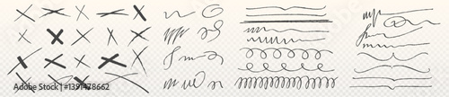 Handdrawn highlight lines and cross marks set - various sketchy doodle strokes, underlines and scribbles. Artistic flourish elements, calligraphic swooshes, x signs for editing marks in document.