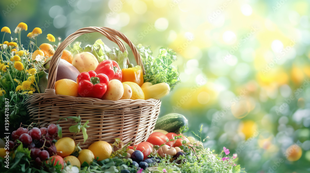Fresh vegetables and fruits in a wicker basket on a bright natural background.