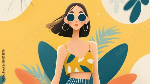 Young woman in stylish summer outfit posed against vibrant tropical backdrop with bright colors and bold patterns, cartoon illustration.