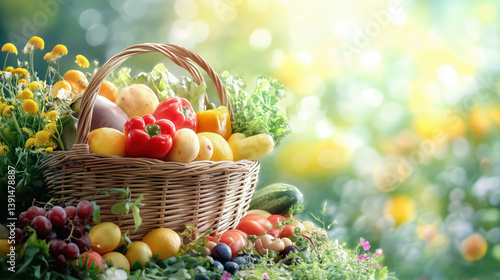 Obraz na płótnie Fresh vegetables and fruits in a wicker basket on a bright natural background. w salonie