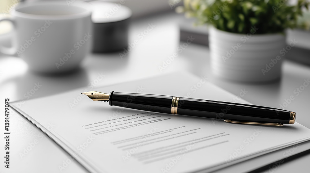 Fountain pen placed on a contract document in a bright office.