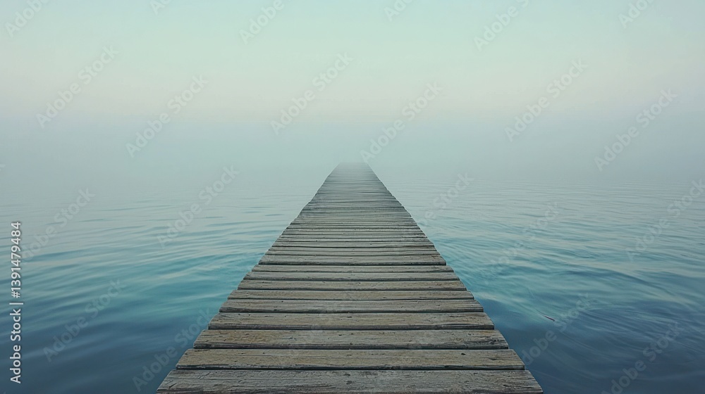 Obraz premium Misty morning, wooden pier extending into calm sea.