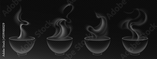 Steam rising from hot food bowl set isolated on transparent background. Vector realistic illustration of dish of soup, coffee, tea with smoke outline effect, warm drink with vapor swirl, menu icons