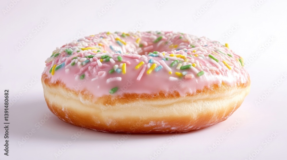 A pink glazed donut with colorful sprinkles on a white background, close-up view of sweet pastry, and isolated composition for bakery advertisement. A pink glazed donut with colorful sprinkles on a white background, close-up view of sweet pastry, and isolated composition for bakery advertisement.