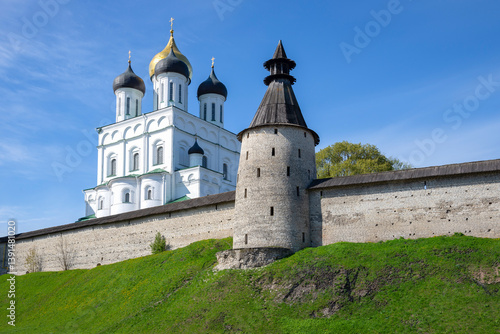 Spring day at the walls of the Pskov Kremlin, Russia
