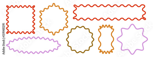 Wavy scalloped decorative frame shapes. Squiggly lines, zigzag borders form whimsical rectangle and square, round and oval abstract design elements. Fun vibrant accents for playful projects.