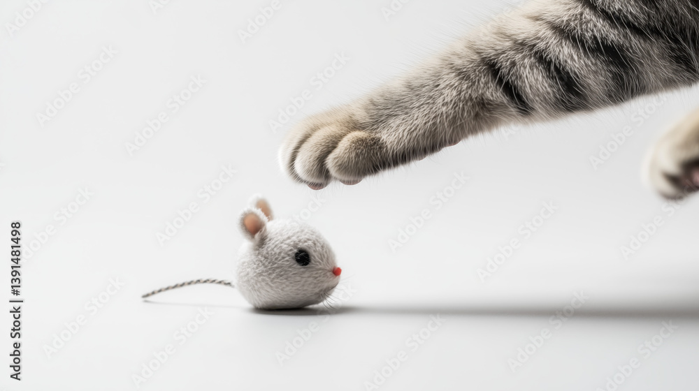Cat paw reaching for toy mouse