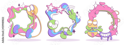 Abstract psychedelic frames set isolated on white background. Vector cartoon illustration of color borders decorated with crazy smiling emoji characters and stars, groovy design poster templates