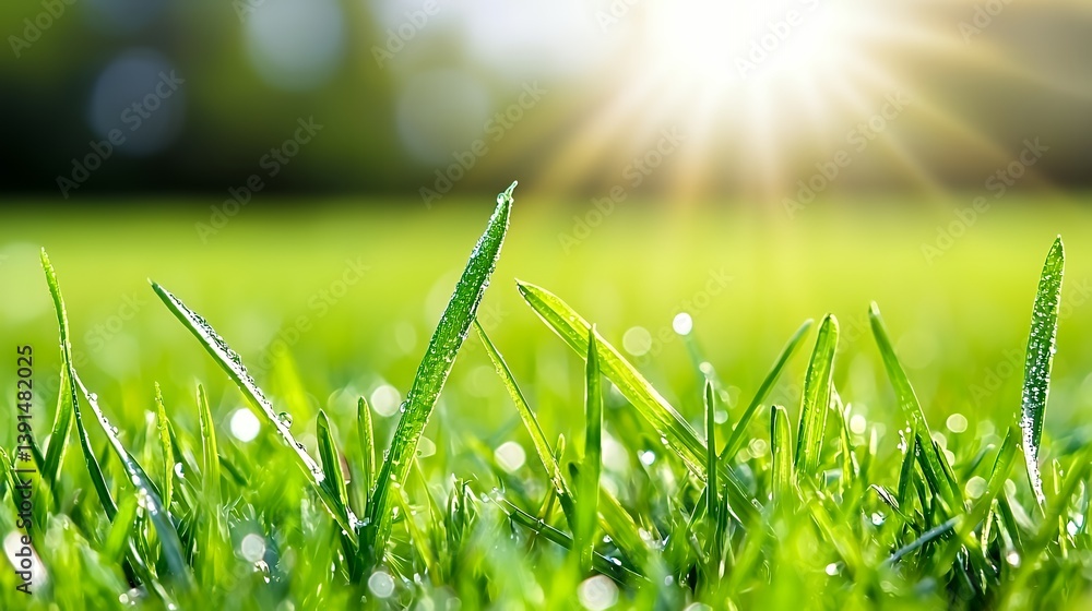 Fototapeta premium Delicate dew drops on fresh green grass