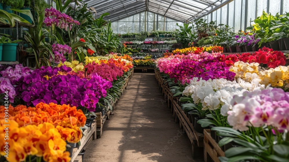 Rows of vibrant orchids flourish in a greenhouse bathed in natural light. Ideal for designs featuring gardens, florists, or botanical beauty. Rows of vibrant orchids flourish in a greenhouse bathed in natural light. Ideal for designs featuring gardens, florists, or botanical beauty.