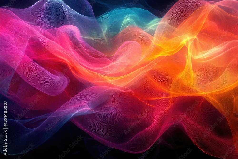 Fototapeta premium Abstract image of flowing colorful smoke-like waves, creating a mesmerizing blend of pink, orange, yellow, and blue hues on a transparent background.