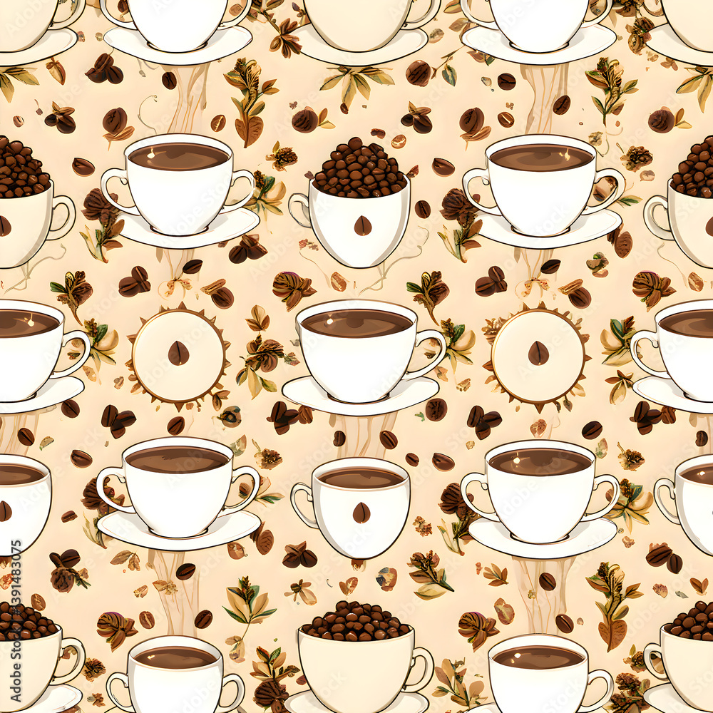 Obraz premium Realistic seamless illustration of coffee cups and roasted beans.