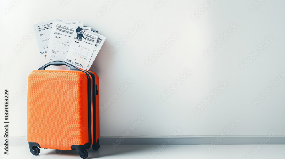Suitcase with airline tickets on white background with copy space. Travel and vacation concept.