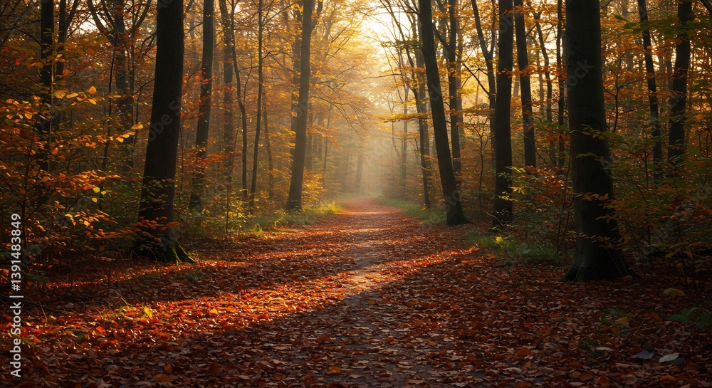 Obraz premium Golden sunlight streams through autumn forest path. AI Generated