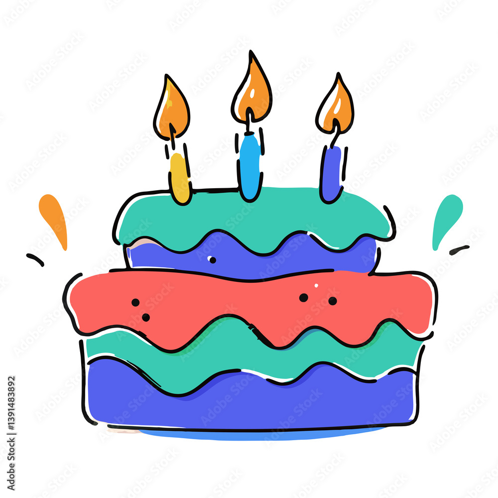 Watercolor Birthday cake with candles illustration in doodle style with confetti on isolated transparent background Watercolor Birthday cake with candles illustration in doodle style with confetti on isolated transparent background