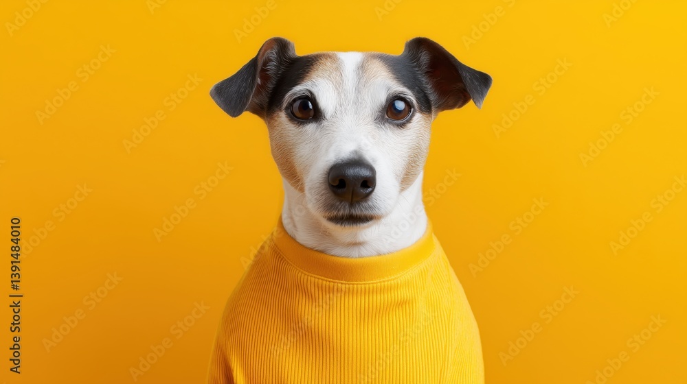Cute dog in bright yellow sweater poses against a vibrant yellow background showcasing a playful and cheerful mood.