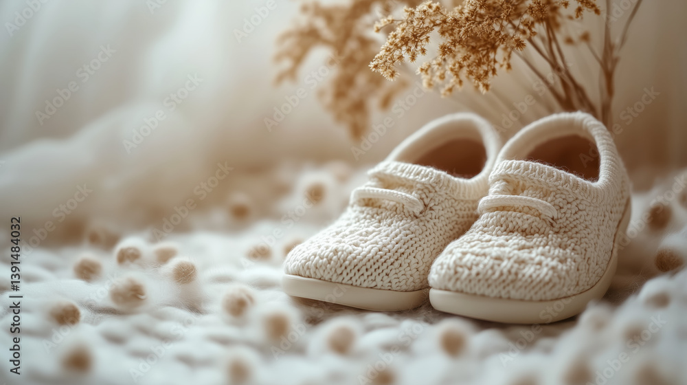 Baby booties on a cozy light background