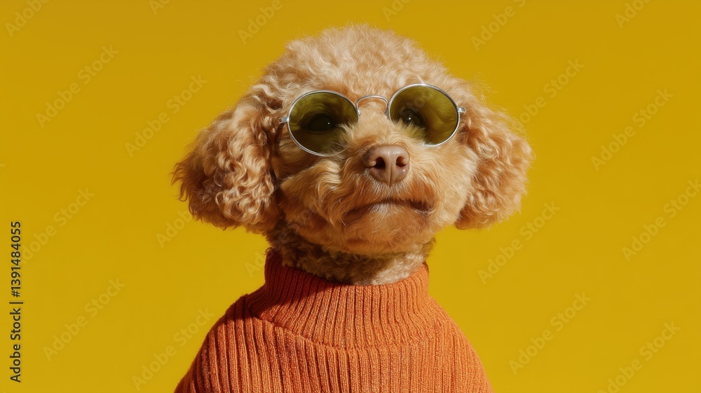 Dog wearing sunglasses and an orange sweater poses against a bright yellow background.