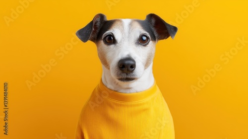 Obraz na płótnie Cute dog in bright yellow sweater poses against a vibrant yellow background showcasing a playful and cheerful mood. w salonie