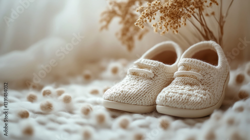 Obraz na płótnie Baby booties on a cozy light background w salonie