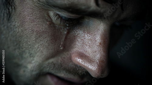 Man tearing up silently, close-up on face, dark vignette