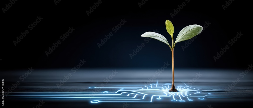 A small sprout emerges from a circuit board, symbolizing the intersection of nature and technology in a dark, futuristic setting.