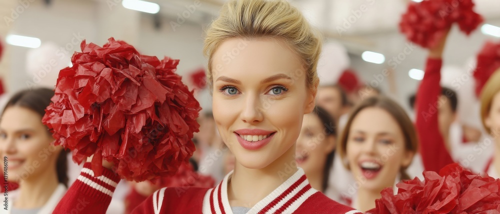 Cheerful cheerleader holding red pom-poms, surrounded by teammates, showcasing team spirit and enthusiasm in a vibrant atmosphere.