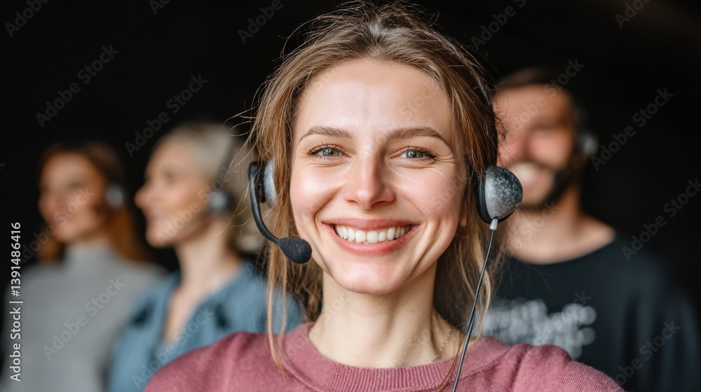 A smiling woman with a headset is in focus, surrounded by blurred colleagues, all engaged in a professional or customer service environment.