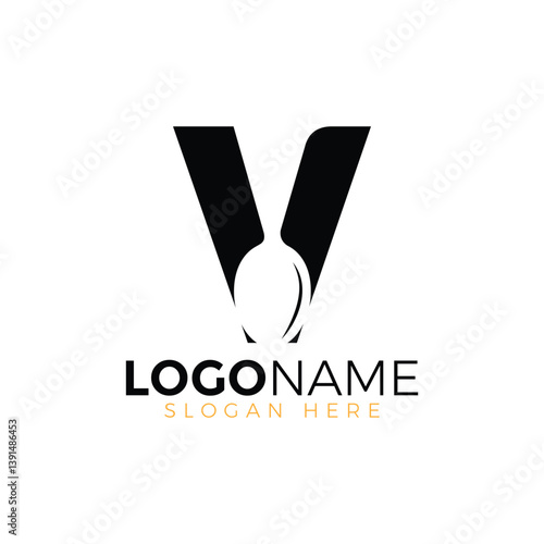 Letter Spoon with Shape Spoon Logo. Initial Letter V Food Logo, Restaurant Food Logo, letter V spoon fork logo design vector