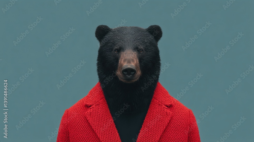 Bear wearing a red coat stands against a solid background, showcasing an unusual blend of nature and fashion in an artistic display.