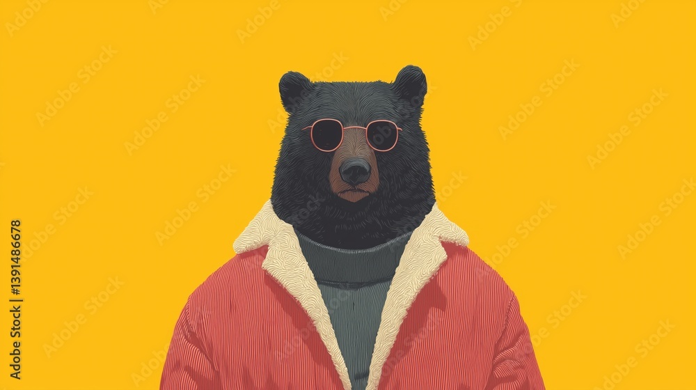 Bear character wearing sunglasses and stylish jacket poses against a solid yellow background, cartoon illustration.